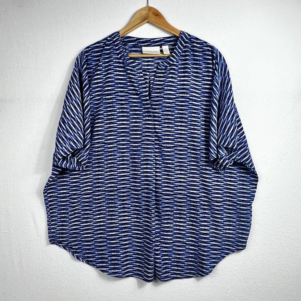 Chico's Blue & White Dolman Sleeve Blouse Size 3 US‎ XL Short Sleeve